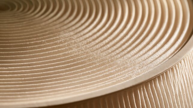 Overhead macro of a pleated filter membrane with fine ridges in warm beige tones, in warm natural light