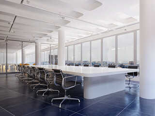 Obraz premium 3D render of a spacious modern boardroom featuring a long white table, black chairs, and large windows with a city view.