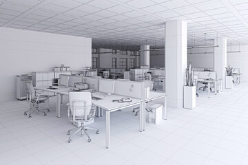 Obraz premium 3D wireframe illustration of a spacious open-plan office interior featuring multiple desks, chairs, and computers.