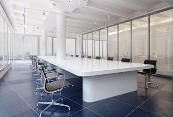 Obraz premium 3D render of a modern conference room with a large white table, black chairs, glass walls, and dark tiled flooring.