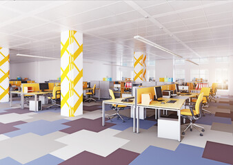 Obraz premium Spacious open plan office interior with yellow chairs, desk partitions, patterned columns, and colorful carpet tiles.