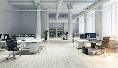 Obraz premium 3D render of a bright, modern open-plan office interior with white desks, computers, large columns, and a wooden floor.