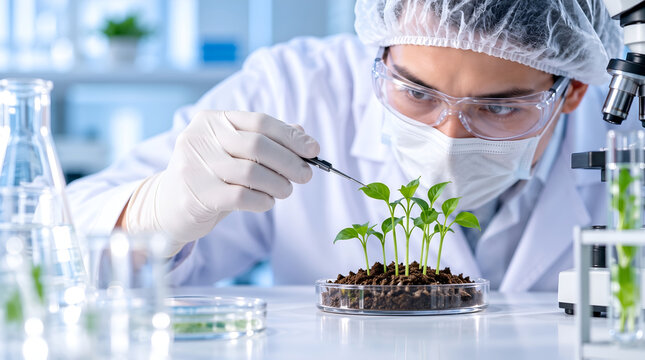 Agricultural scientist in protective gear examining GMO plant sprouts with tweezers in a modern biotechnology laboratory, focusing on plant genetics and sustainable agriculture research