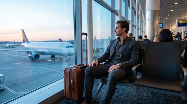 Businessman in a suit waiting at an airport departure lounge, suitcase beside him, aircraft visible through the window, cool morning light, contemplative mood
