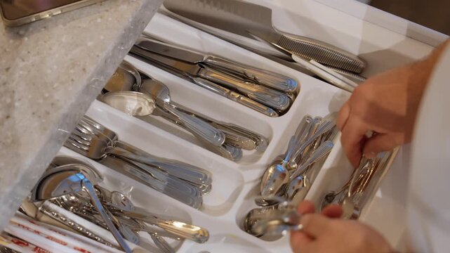 Organizing kitchen utensils in a drawer during cooking preparation