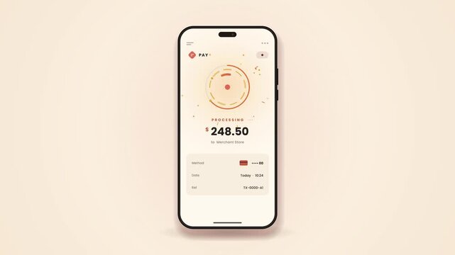 Smartphone payment app processing $248.50 to merchant store then payment successful with verified check mark and receipt
