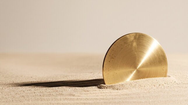 Minimalist matte brass sun disk half-submerged in beige sand casting long geometric shadow, winter solstice celestial rebirth concept with vast clean copy space   
