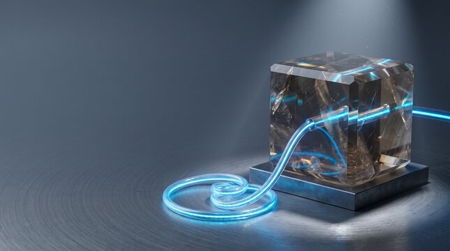Faceted smoky quartz crystal cube penetrated by glowing blue fiber-optic cable in Fibonacci spiral on steel, deep tech and Cyber Monday concept with vast clean copy space   