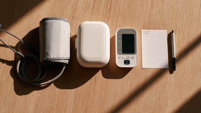 Top-down flat-lay of a home health kit on a kitchen table with a blood pressure monitor and a blank chart, in a calm cinematic mood