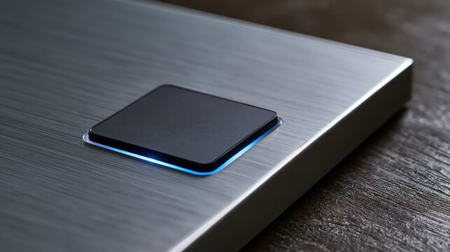 Top-down macro of a fingerprint reader set flush into a cool brushed metal surface with a blue glow, with generous copy space