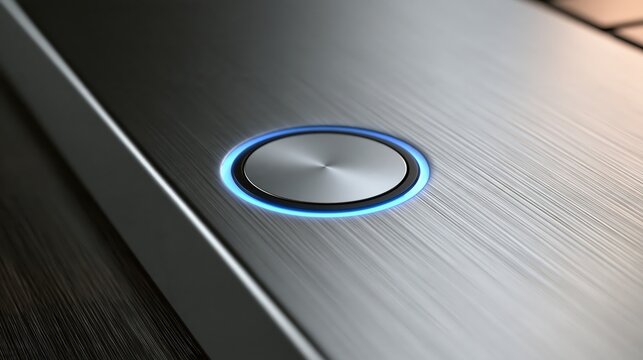 Top-down macro of a fingerprint reader set flush into a cool brushed metal surface with a blue glow, with a clean uncluttered composition