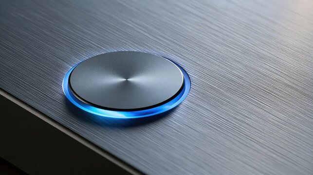 Top-down macro of a fingerprint reader set flush into a cool brushed metal surface with a blue glow, in a calm cinematic mood