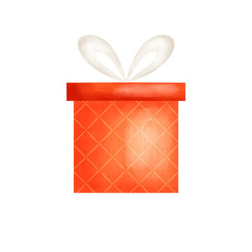 Christmas gift box illustration with a bright red present, beig ribbon and large decorative bow, isolated on a white background. Festive holiday clipart for Christmas cards, gift wrapping, invitations