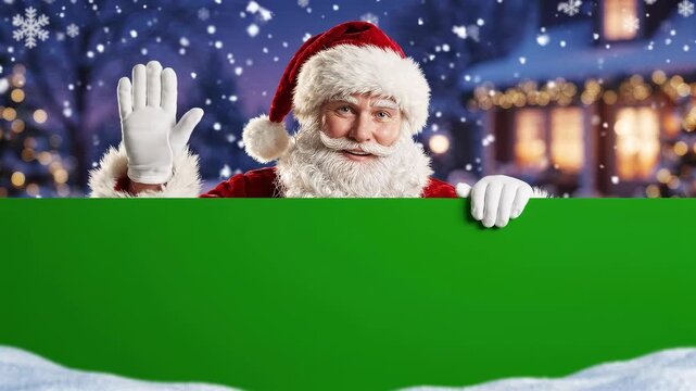 Christmas Banner template, Realistic Santa Claus Waving Hand Behind Blank Green Panel with Copy Space for Christmas Greeting Card