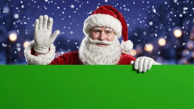Christmas Banner template, Realistic Santa Claus Waving Hand Behind Blank Green Panel with Copy Space for Christmas Greeting Card