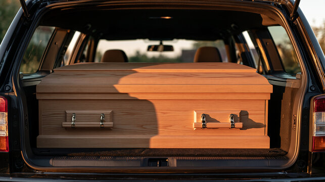 Wooden coffin loaded in the back of a hearse under warm sunlight. Funeral service concept for obituary and death industry themes.