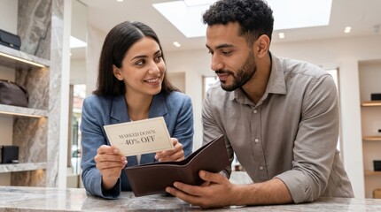 Obraz premium Young Middle Eastern couple review a marked down leather wallet at a marble counter, exchanging smiles inside a premium accessories boutique while considering a refined bargain purchase together