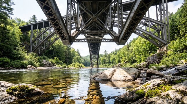Grand steel truss bridge spanning a pristine river, framed by lush green forest, reflecting engineering marvel amidst natural beauty