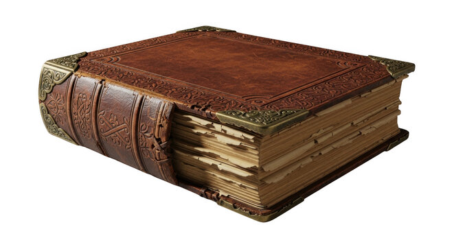 Vintage leather book with ornate brass corners, antique grimoire with aged deckle edge paper, medieval style leatherbound journal on white background