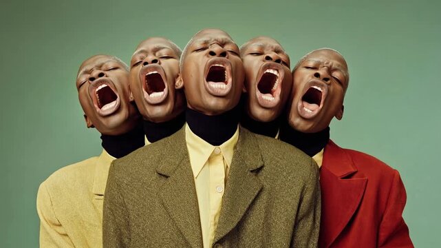 Multiple men's faces in a row, mouths open in a scream or laugh. A striking visual of identical men's faces contorted in an open-mouthed expression