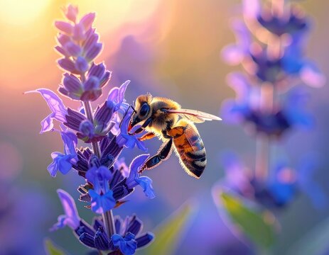 A bee collects nectar from a purple flower during a golden hour sunset.