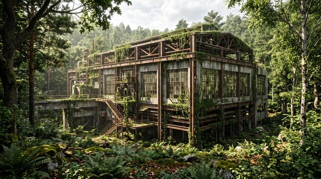 Abandoned industrial warehouse overtaken by lush vegetation, depicting a serene and overgrown scene in nature