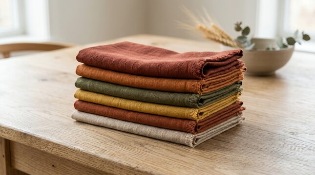 Stack of Folded Linen Napkins in Earthy Tones on Wooden Table.
