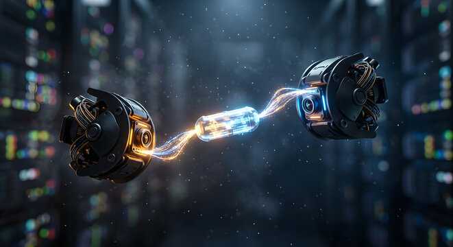 Robotic AI nodes passing glowing encrypted token data
