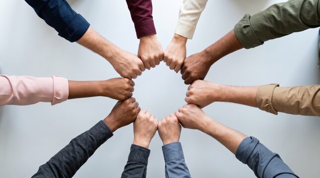 Diverse group of people joining hands in a circle, symbolizing teamwork and unity.