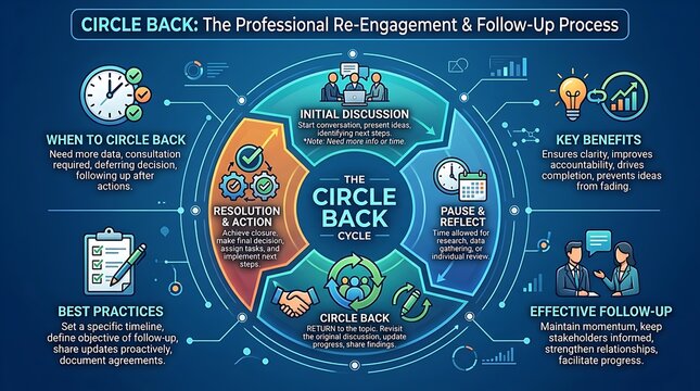 Circle Back professional re-engagement and follow-up process infographic, business cycle diagram for project management and effective communication