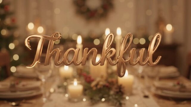 Thankful Golden 3D Script Text on Cozy Candlelit Holiday Dinner Table Festive Background