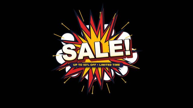 Comic style sale explosion banner on black background