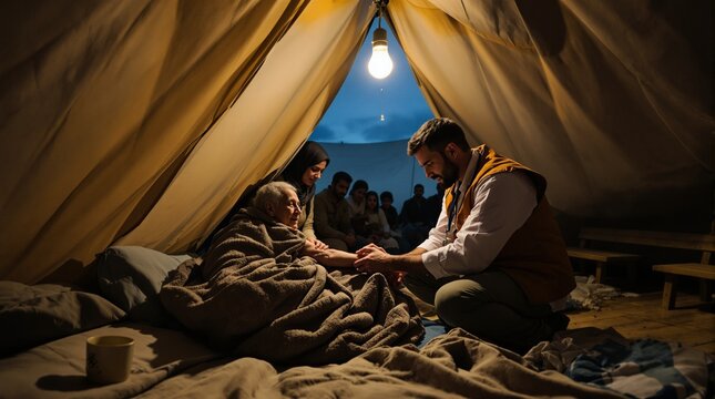 Volunteer Doctor Providing Care in a Refugee Camp Medical Tent