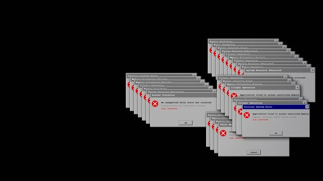 Cascading retro computer error pop up windows on black background