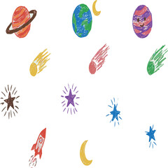 Create on Graphic crayon drawn planets and comets collection. Childish funky cosmic icons with pencil texture on blue bg. Doodle outer space cosmic icons seton a white Background. © MdRafiqulIslam