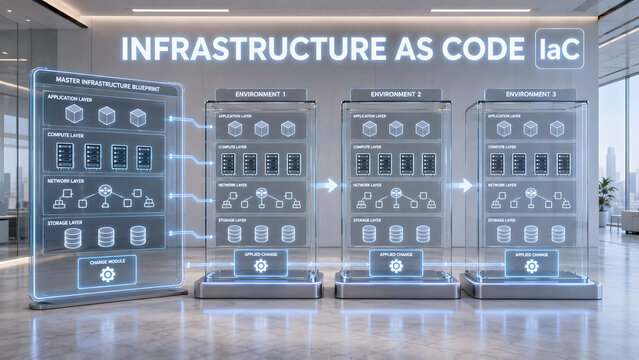 Infrastructure as Code IaC diagram displaying master blueprint, application layer, compute layer, network layer, storage layer, and applied changes.