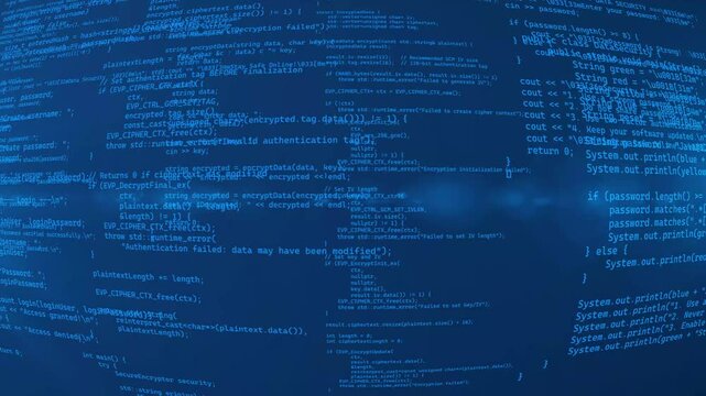 Scrolling Programming Code on Abstract Blue Tech Background Animation