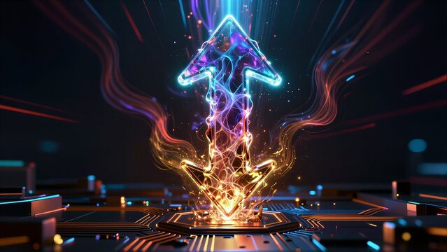 Neon arrow pulses with energy, glowing against dark tech backdrop.