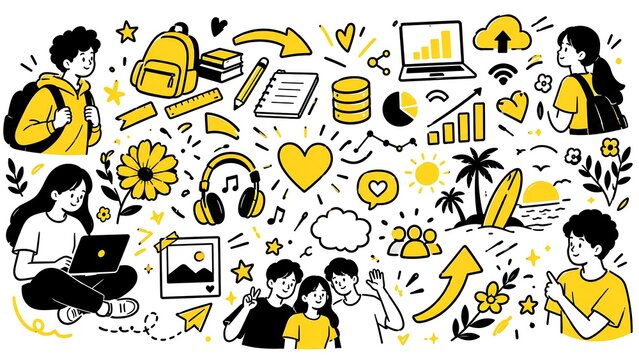 Minimalist, black-and-white characters with yellow mega set of doodles. collection of Back to school, arrow , data, love, bubble, summer, music, flower, people, frame