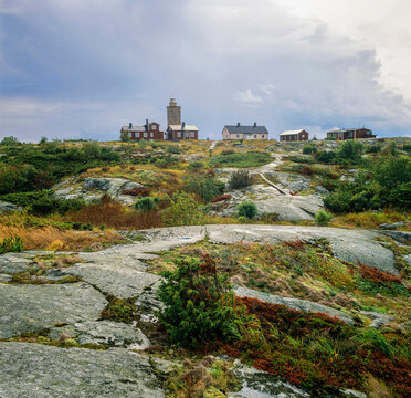 Lighthouse and houses on scenic coastline