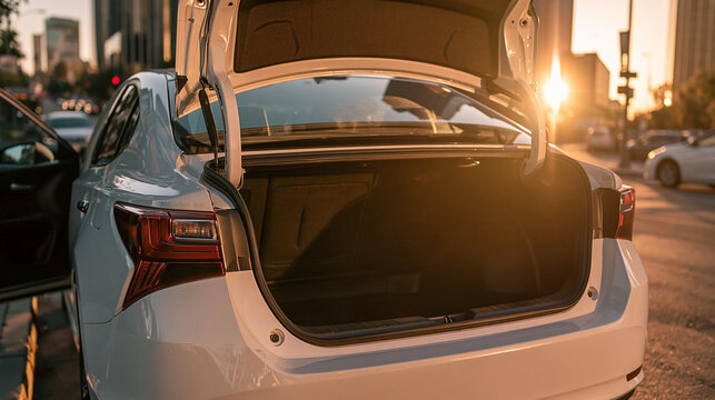 Open trunk of a white sedan parked on a city street at sunset. Concept for travel, logistics, or automotive advertising.