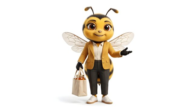 Anthropomorphic bee character presenting a smartphone with a friendly expression, designed as a modern technology and communication mascot.