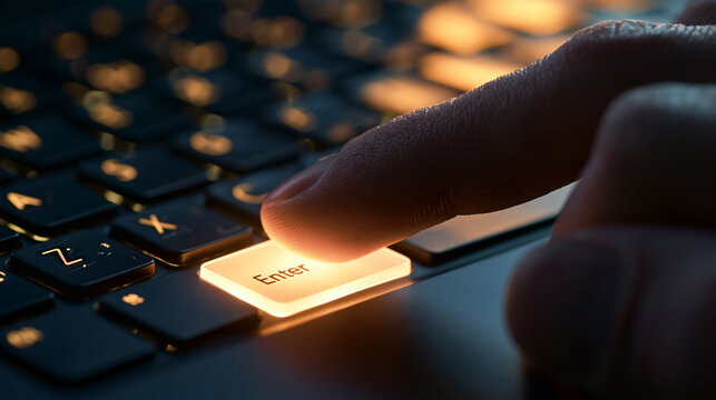A person presses the glowing Enter key on a backlit laptop keyboard in a dark room. Perfect for technology, hacking, and computer security concepts.