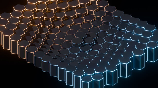 Isometric Hexagon Grid Neon Glowing Edges Orange Blue Tech Background