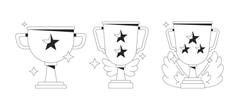 Winner trophy cups with stars and wings black and white cartoon clipart set. Achievement award. Reward system. Gamification levels isolated vector linear elements. Flat spot illustration pack