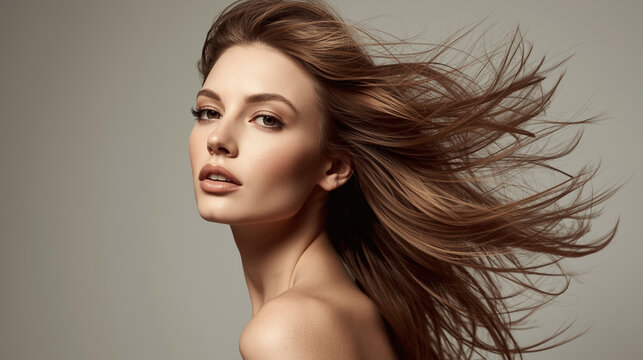 Beautiful young woman with long healthy blowing hair in studio for professional hair care commercial concept
