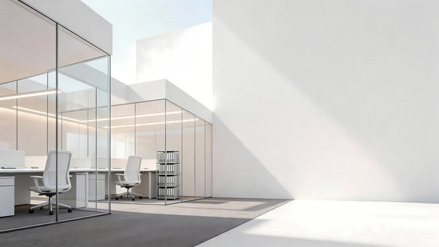 Modern minimalist office interior with glass partitions and clean white walls, empty workspace for corporate branding