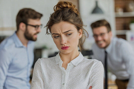 Upset businesswoman feeling excluded while coworkers talk in background of bright modern office
