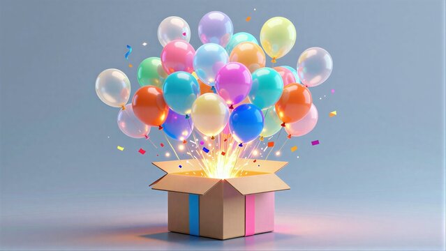 Colorful balloons burst from a box, celebrating joy and surprise.