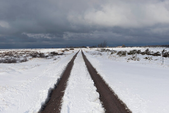 Scenic rural road in snowy countryside